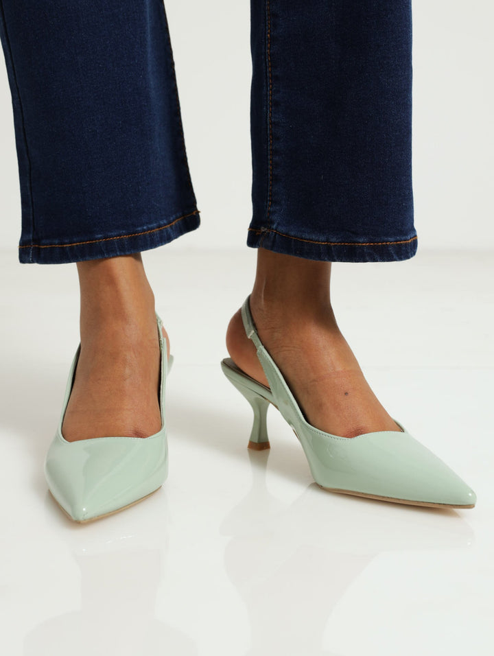 Pointed Slingback Plain Kitten Heel - Sage