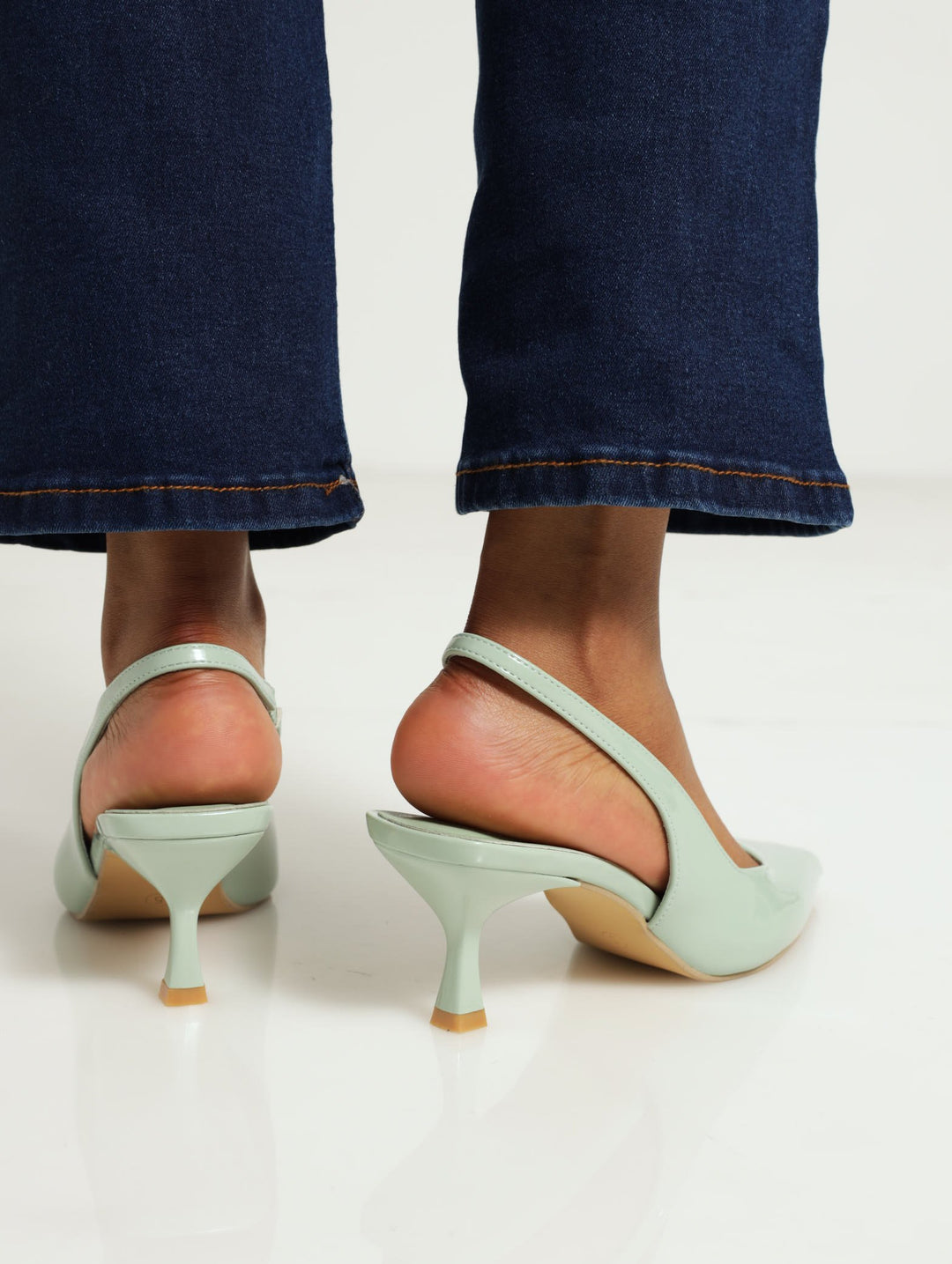 Pointed Slingback Plain Kitten Heel - Sage