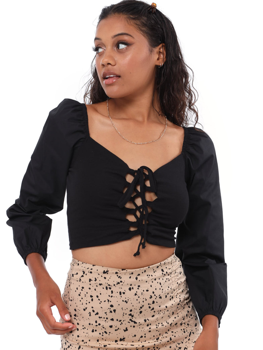 Ladies Long Sleeve Lace-Up Crop Top - Black