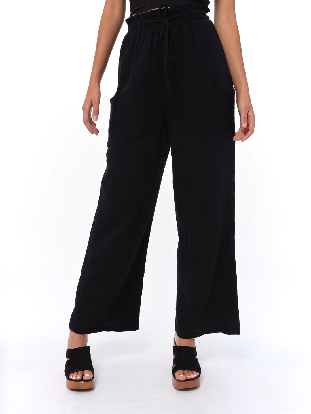 Ladies Muslin Pocket Flare Leg Pant - Black