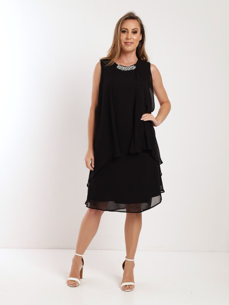 Ladies Neck Trim Chiffon Dress - Black