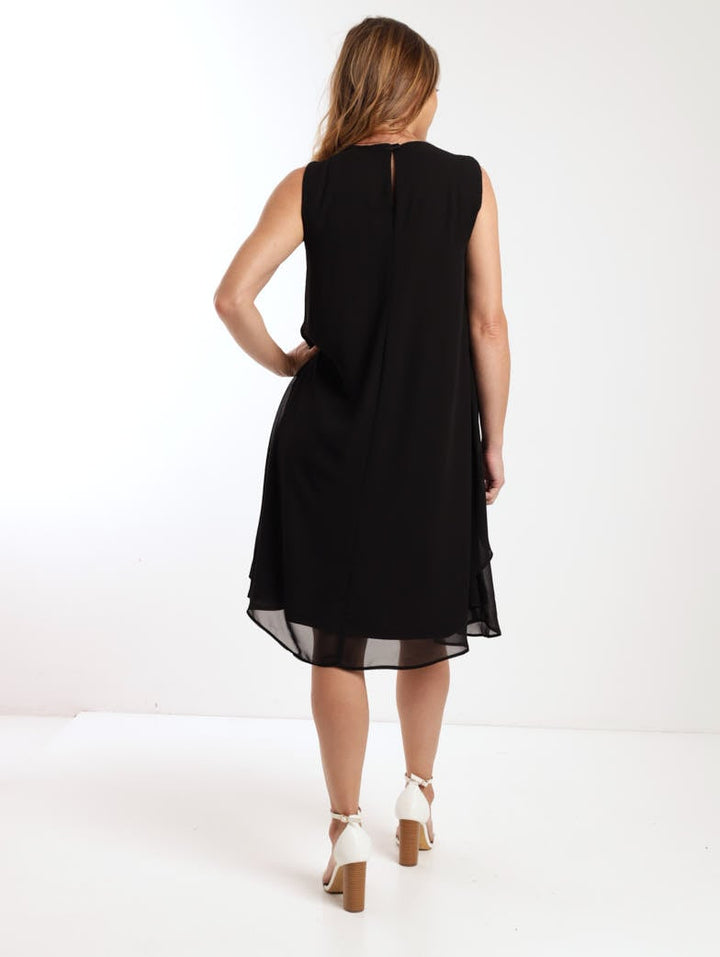 Ladies Neck Trim Chiffon Dress - Black
