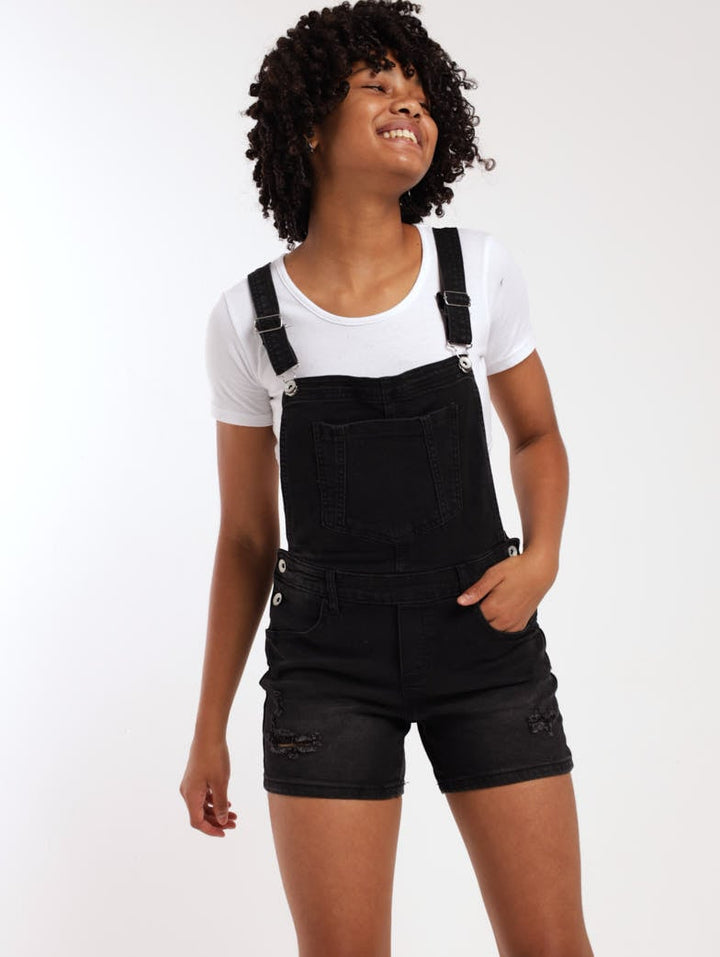Girls Black Wash Denim Dungaree