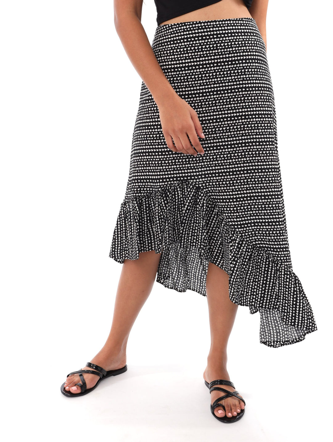 Ladies Frill Hem Skirt - Black/White