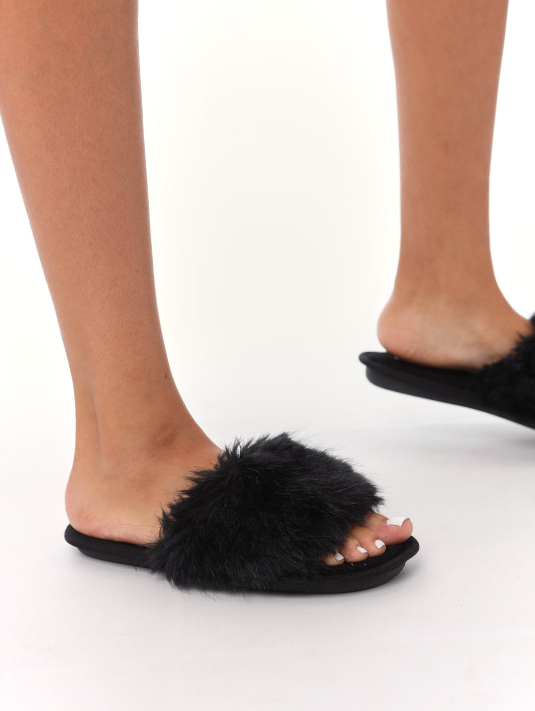 Ladies Open Toe Feather Mule Slipper - Black