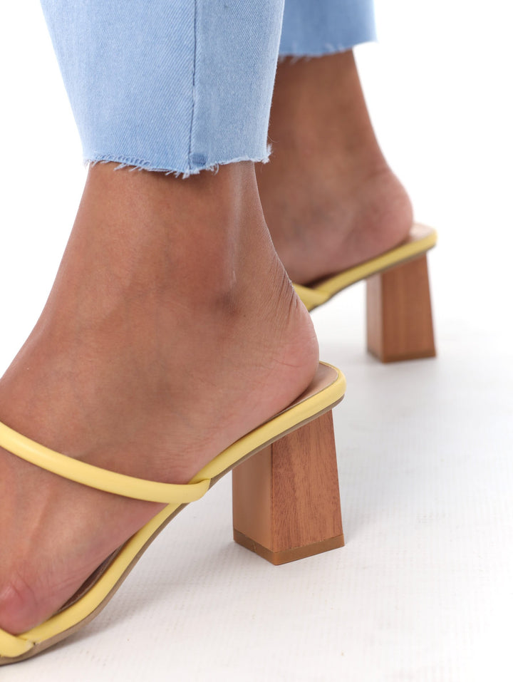 Ladies Tubular Double Strap Mid Wood Block Heel - Light Yellow