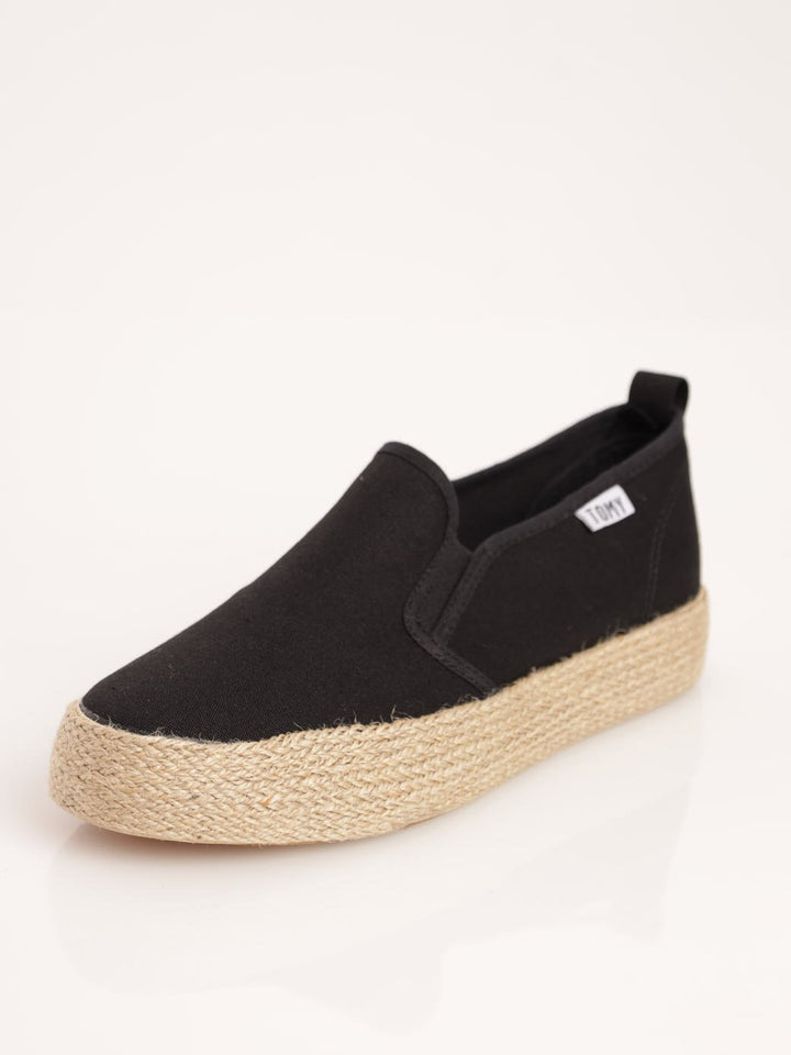 Ladies Espadrille Platform Slip-On Shoe - Black