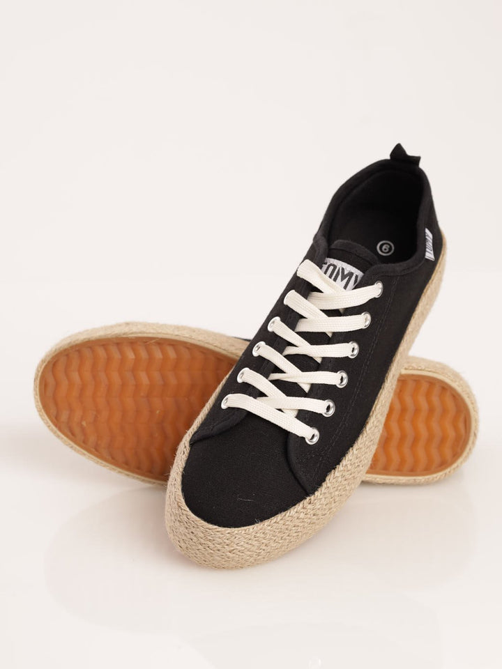 Ladies Espadrille Platform Lace-Up Sneaker - Black