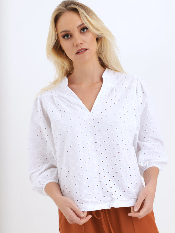 Ladies Anglaise Puff Sleeve Popover Blouse - White