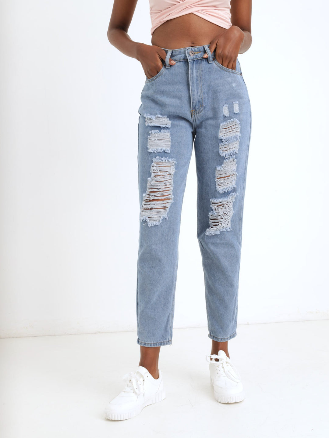 Ladies Stonewash Heavily Abraised Mom Denim Jean