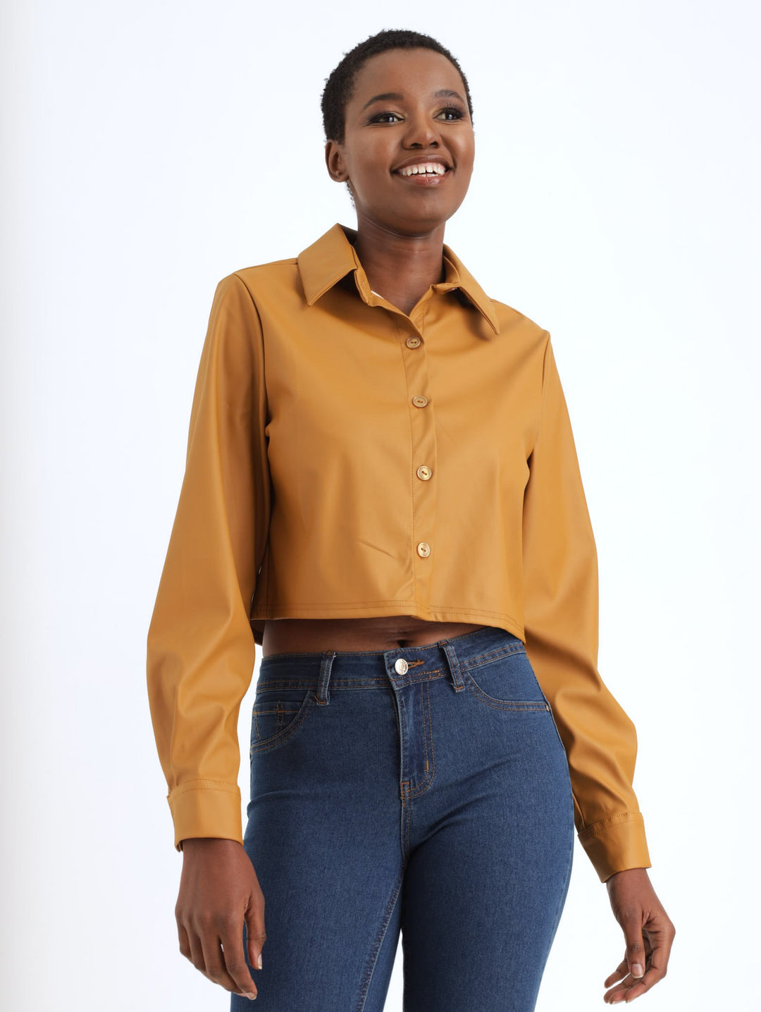 Ladies PU Crop Shirt Jacket - Tan
