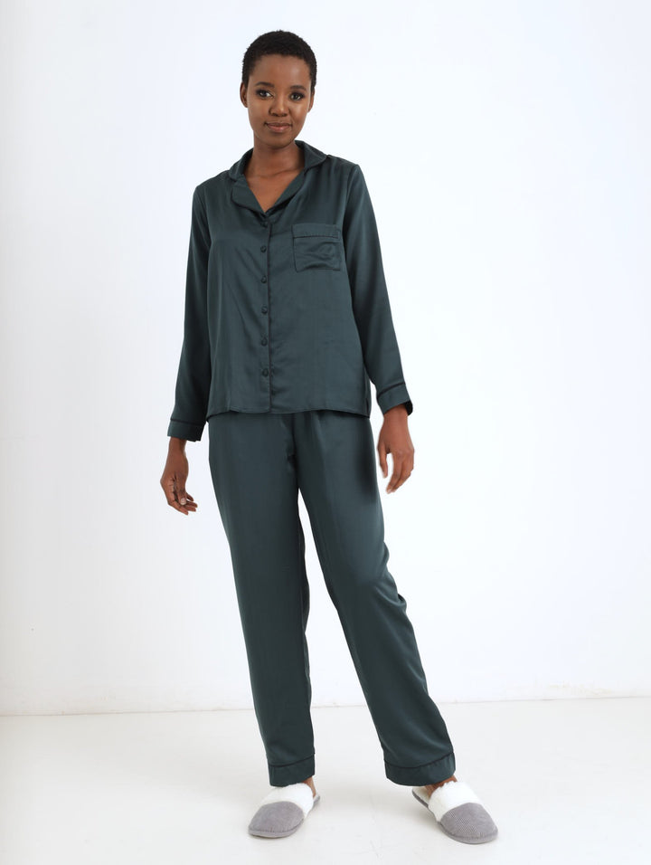 Ladies Satin Long Sleepwear Set - Emerlad
