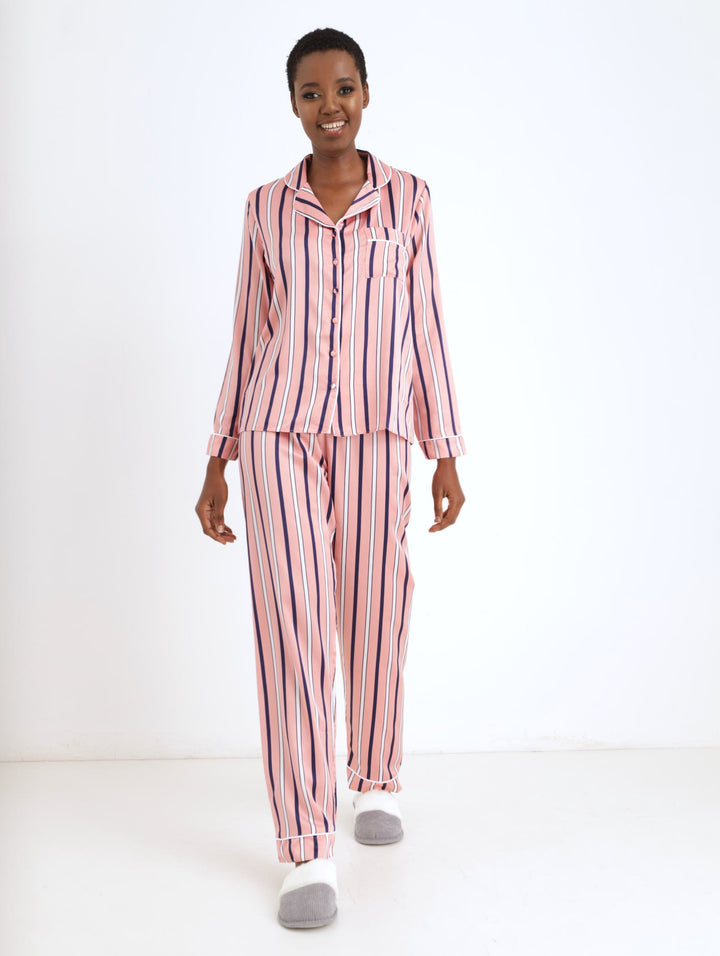 Ladies Satin Long Printed Striped Sleepwear