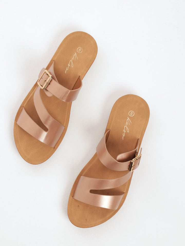 Ladies Mule Sandal With Buckle On Flexi Sole - Rose Gold