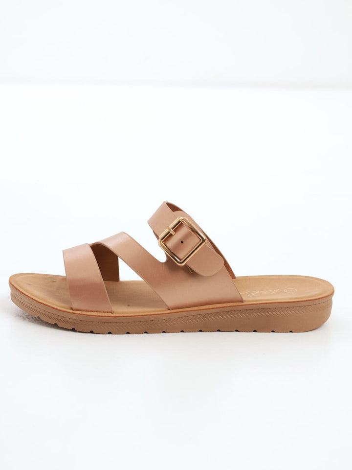 Ladies Mule Sandal With Buckle On Flexi Sole - Rose Gold