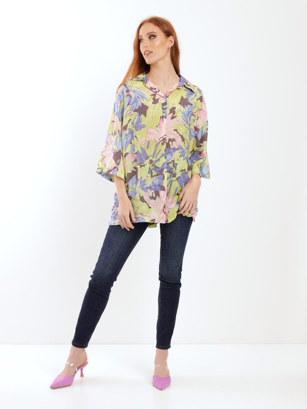 Ladies Oversized Satin Shirt - Floral
