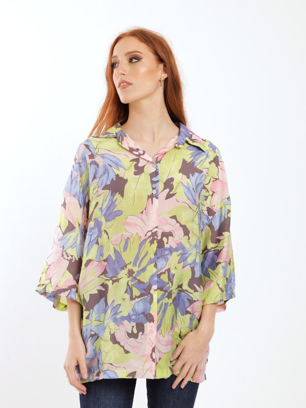 Ladies Oversized Satin Shirt - Floral
