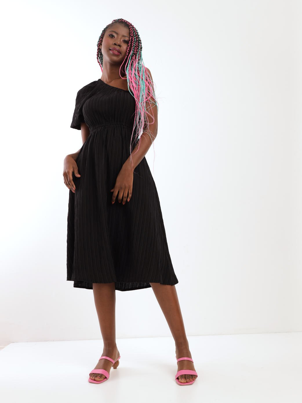 Ladies One Shoulder Elastic Waist Crinkle Midi Dress - Black