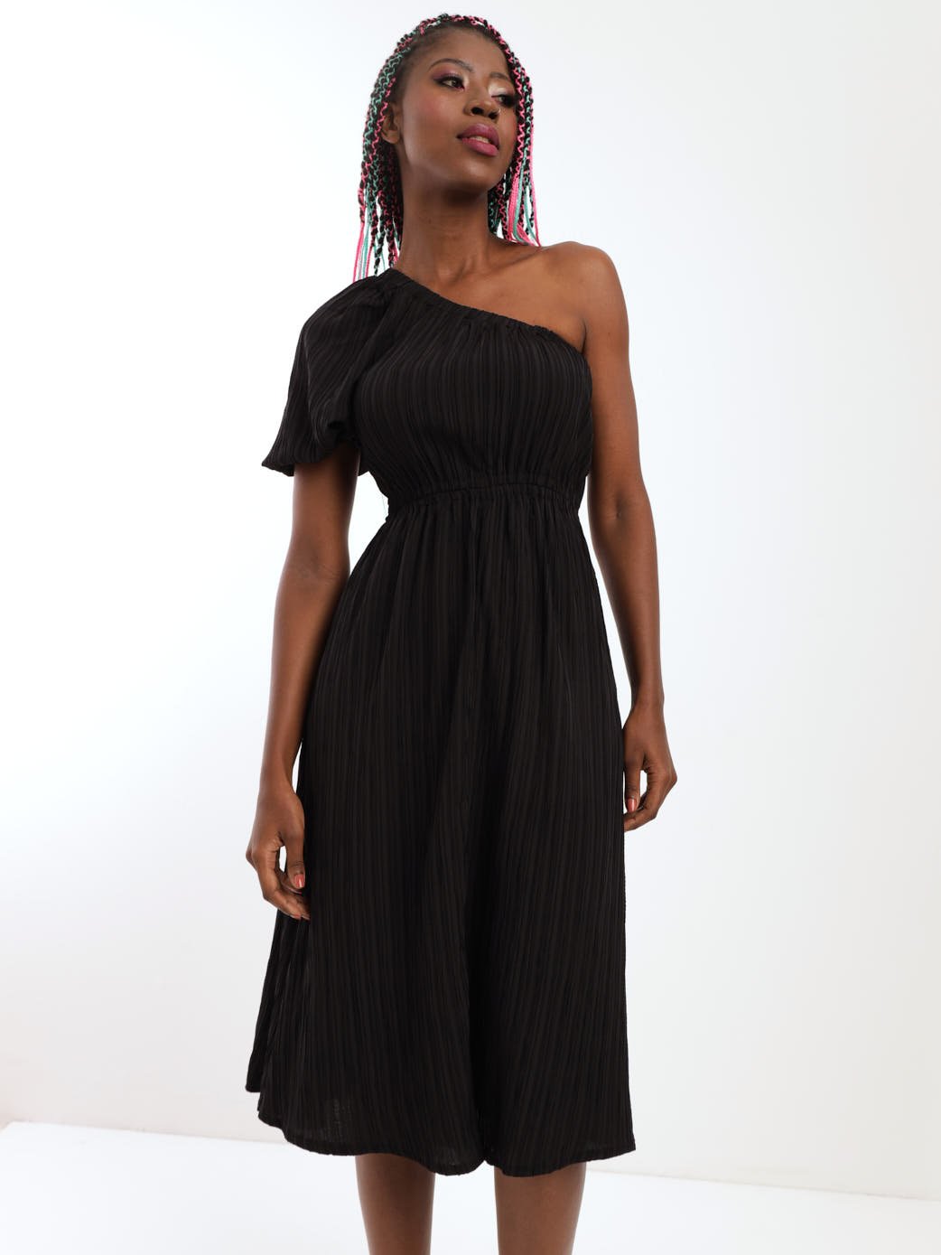 Ladies One Shoulder Elastic Waist Crinkle Midi Dress - Black