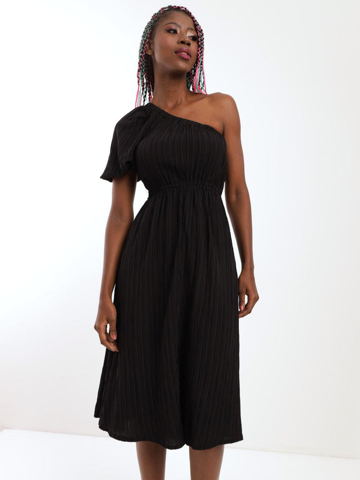 Ladies One Shoulder Elastic Waist Crinkle Midi Dress - Black