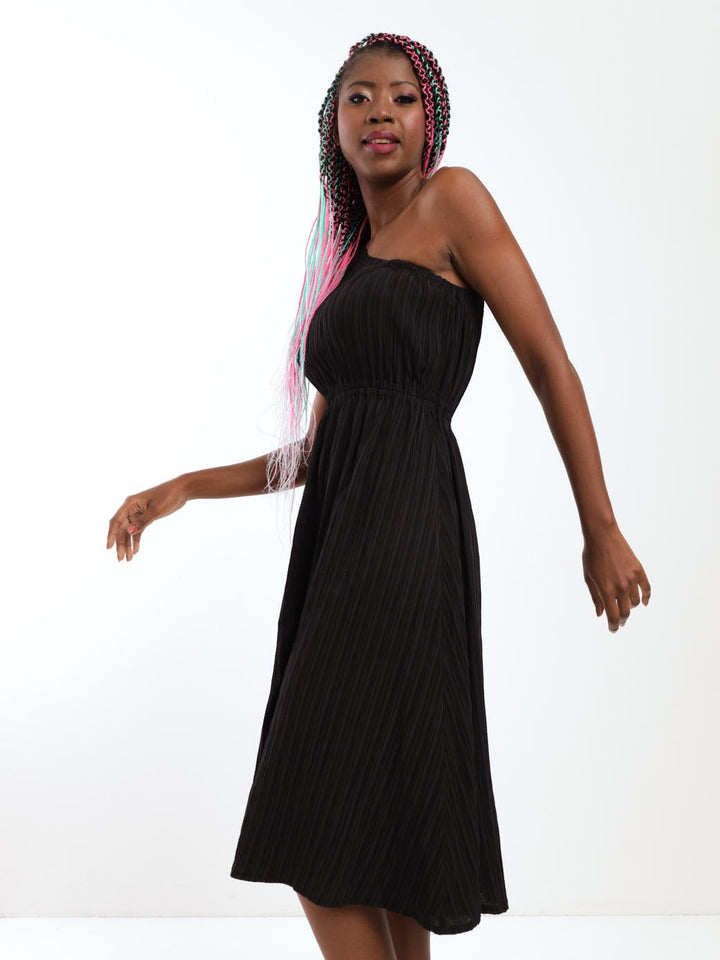 Ladies One Shoulder Elastic Waist Crinkle Midi Dress - Black