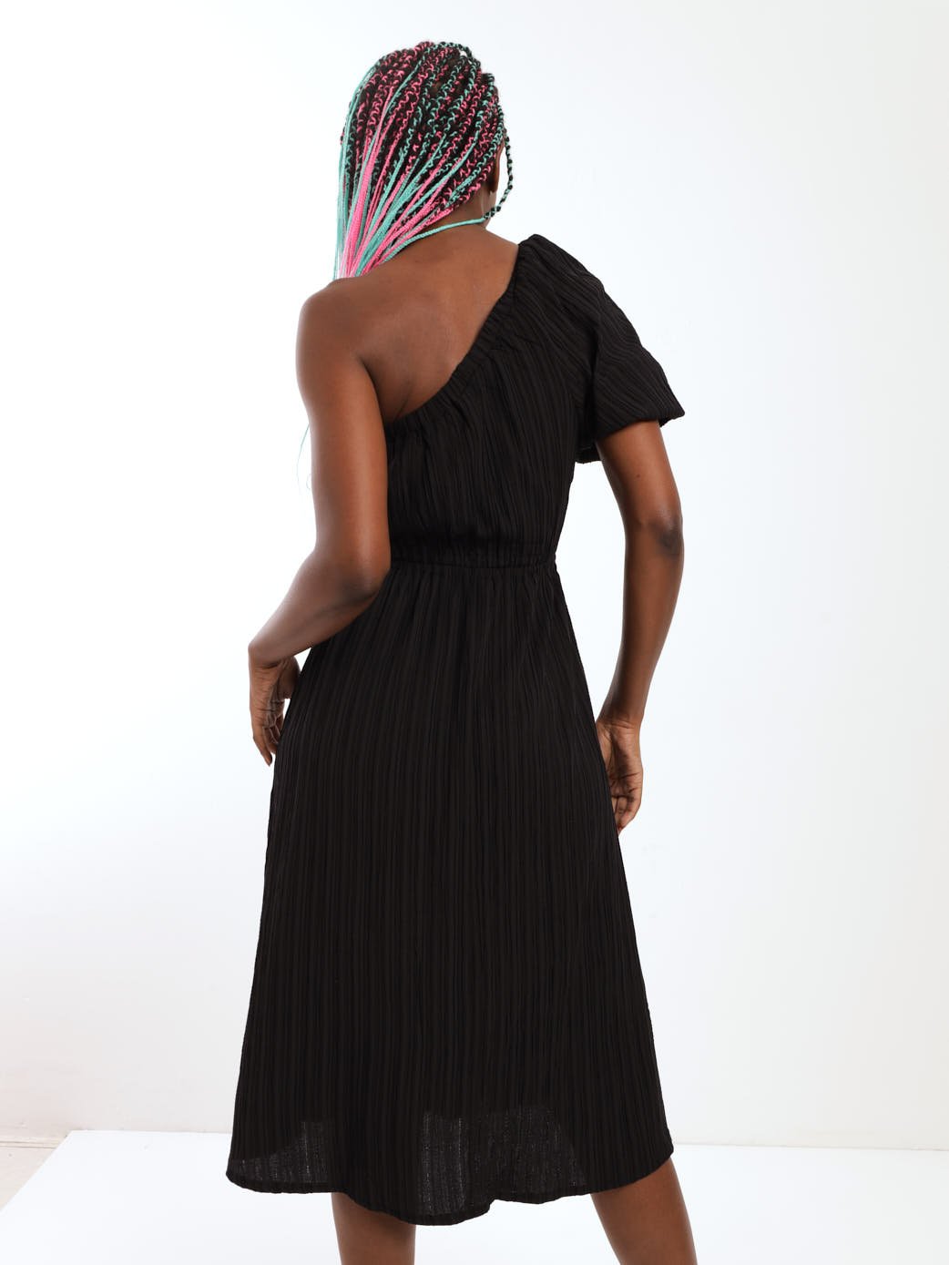 Ladies One Shoulder Elastic Waist Crinkle Midi Dress - Black