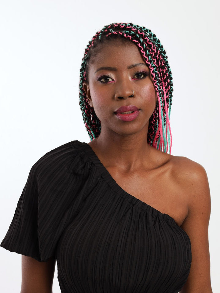 Ladies One Shoulder Elastic Waist Crinkle Midi Dress - Black