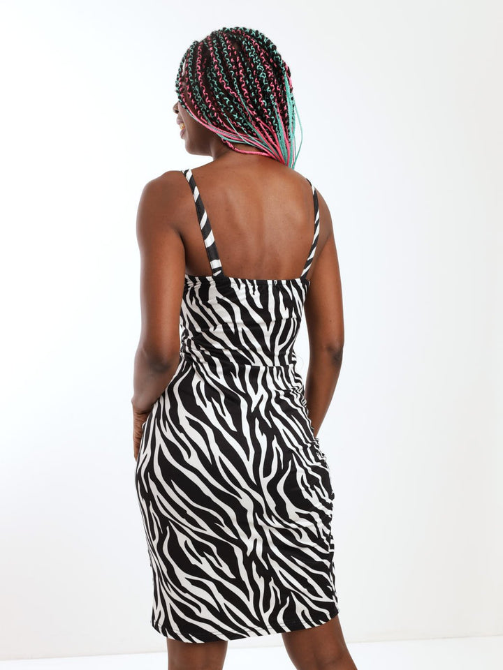 Ladies Zebra Ruched Tube Dress - Black
