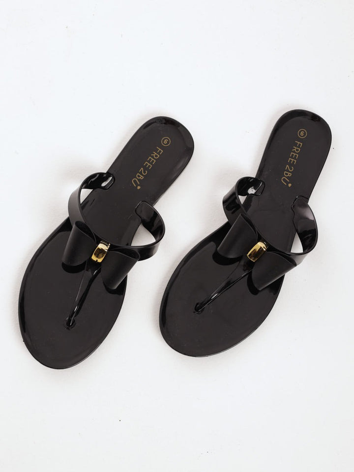 Ladies High Thong Jelly Sandal With Flat Bow - Black