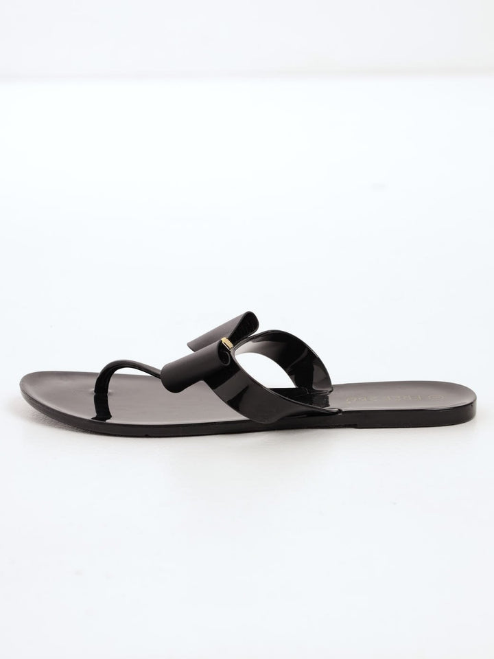 Ladies High Thong Jelly Sandal With Flat Bow - Black