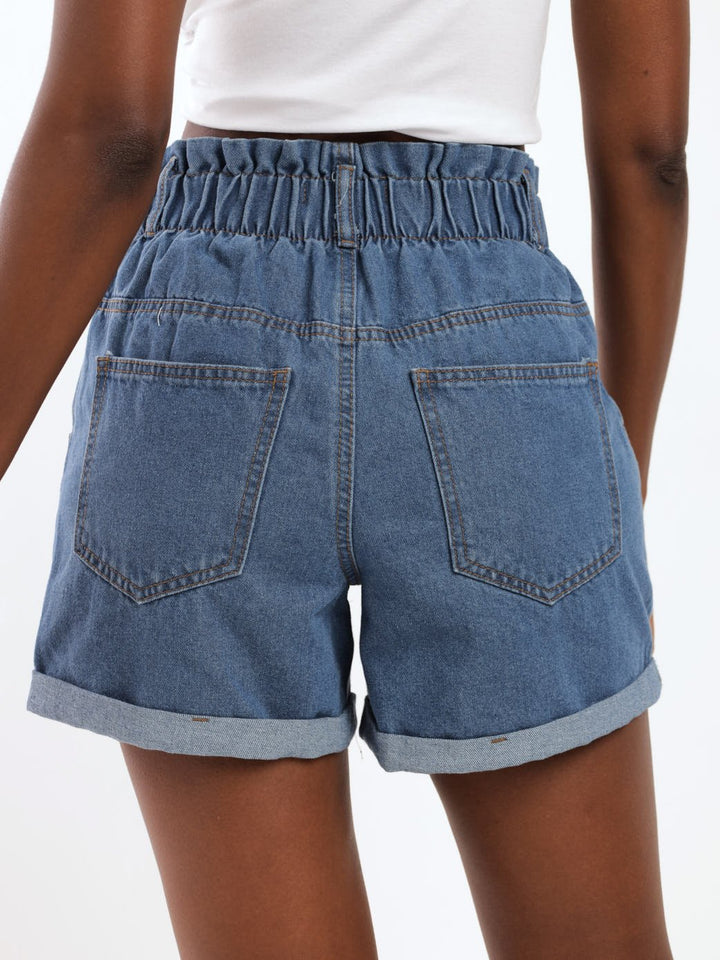 Ladies Paperbag Denim Short - Stonewash