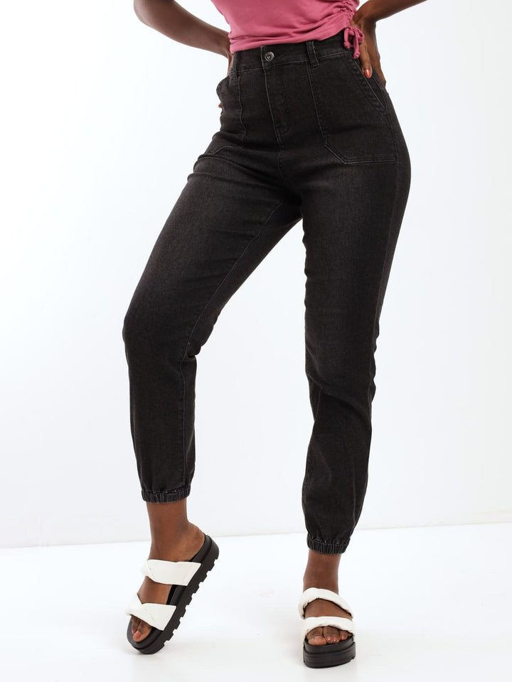 Ladies Black Cargo Jogger Denim Jean