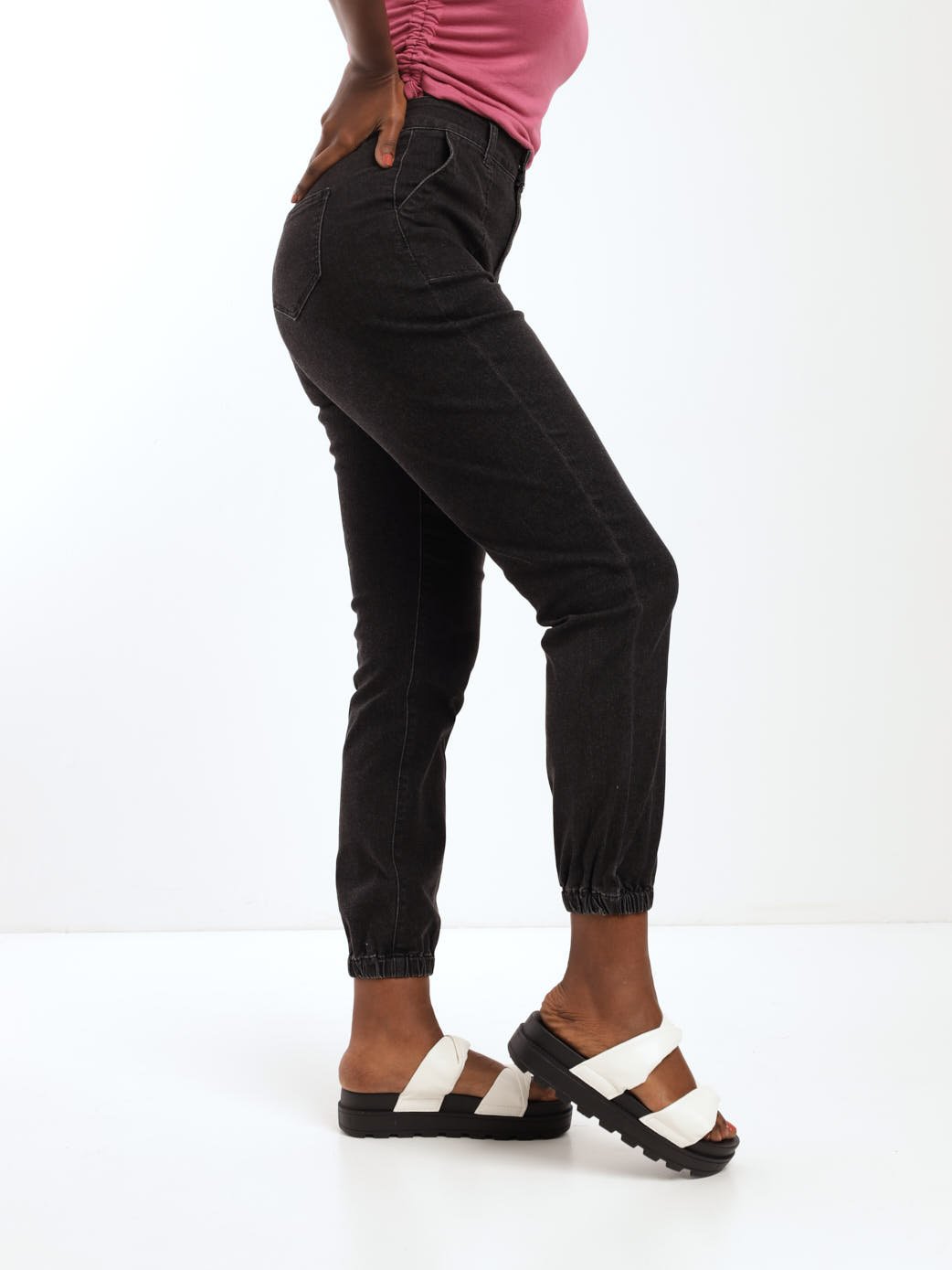 Ladies Black Cargo Jogger Denim Jean