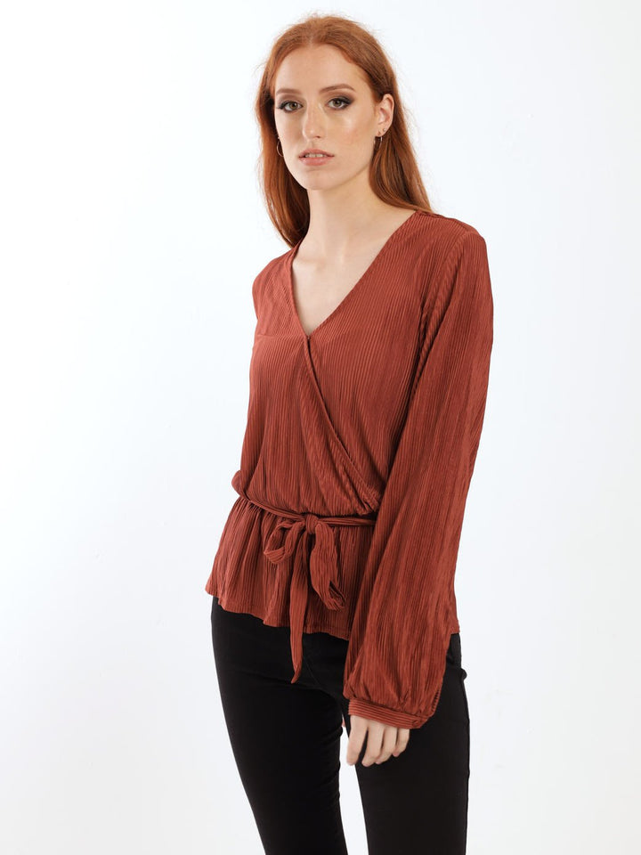 Ladies Long Sleeve Wrap Tie-Up Bodre Blouse - Rust