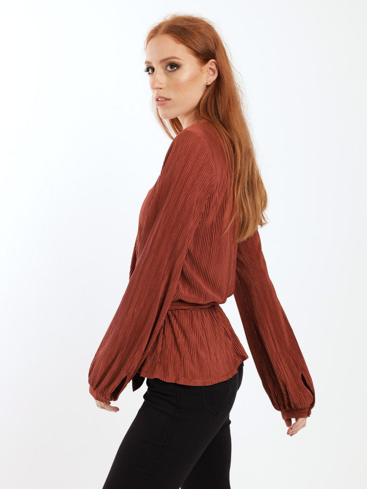 Ladies Long Sleeve Wrap Tie-Up Bodre Blouse - Rust