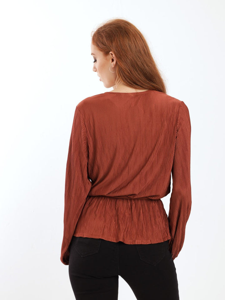Ladies Long Sleeve Wrap Tie-Up Bodre Blouse - Rust