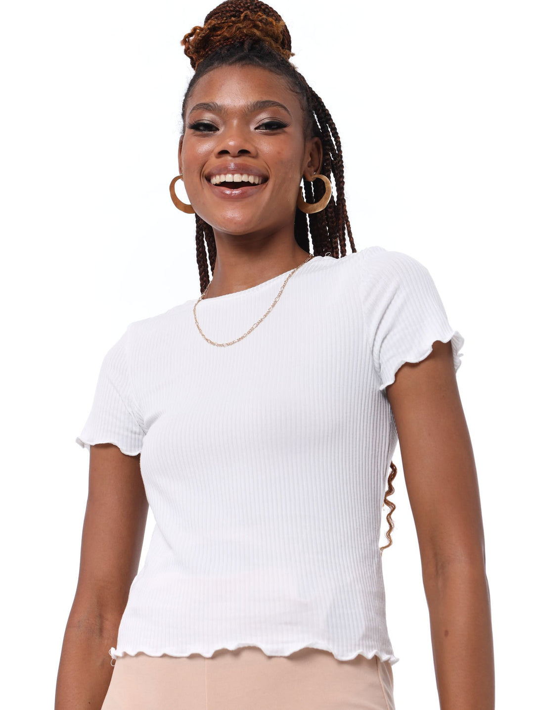 Ladies Short Sleeve Lettuce Edge Top - White
