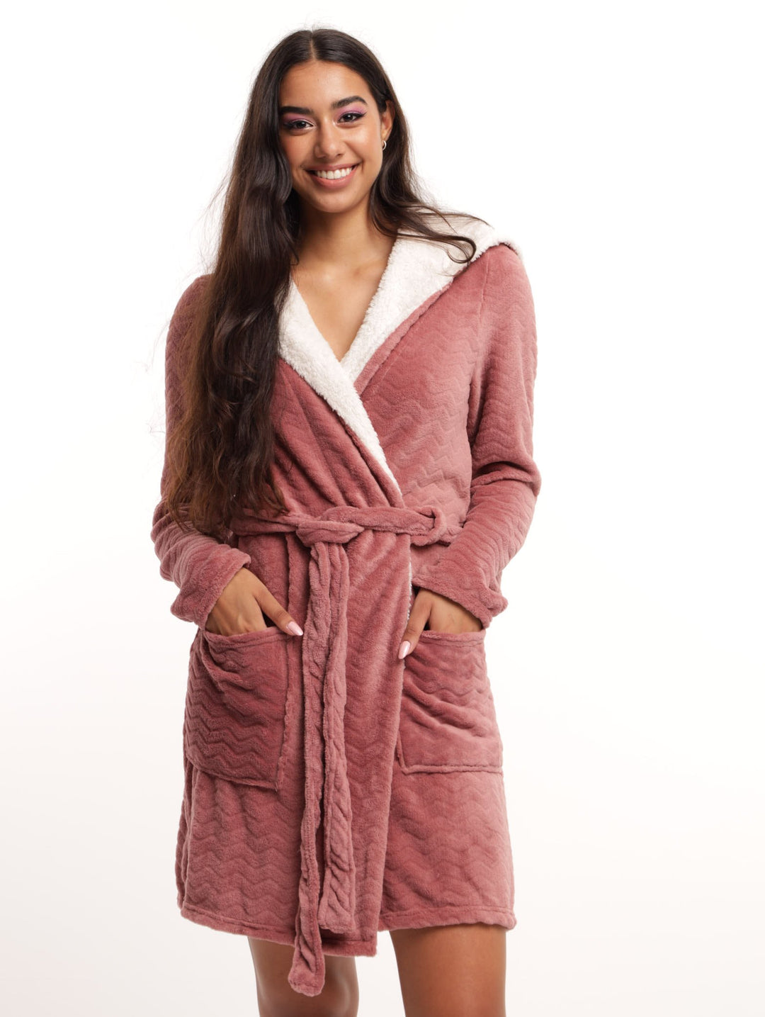 Ladies Teddy Trim Chevron Fleece Robe - Dusty Pink