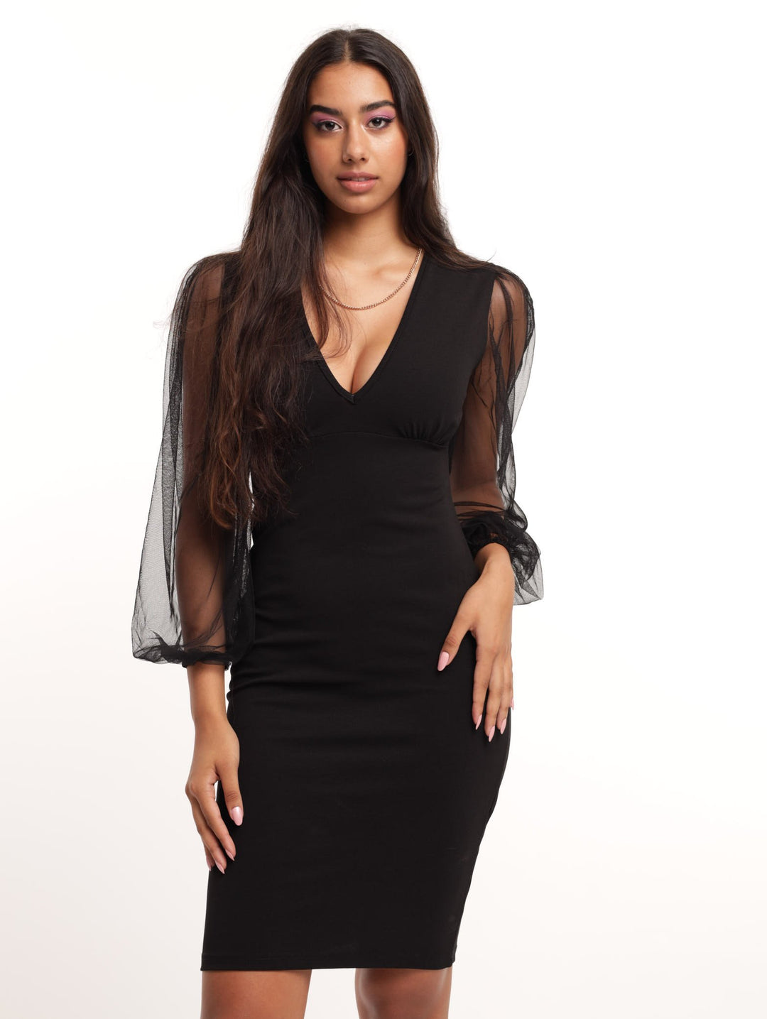 Ladies Mesh Sleeve Bodycon Dress - Black