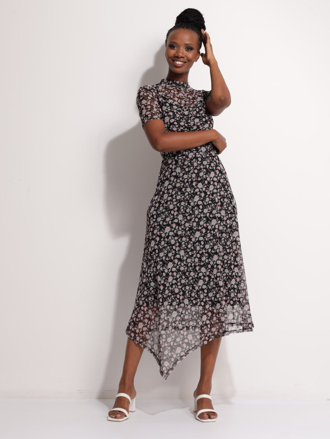 Ladies Mesh Ruched Asymetrical Hem Dress