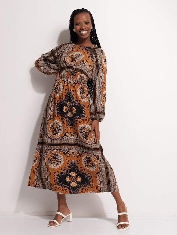 Ladies Scarf Print Waisted Maxi Dress