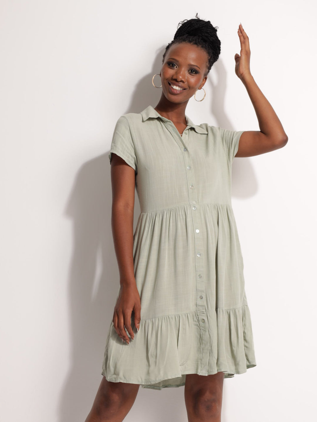 Ladies Ladies Short Sleeve Tiered Shirt Dress Sage – Edgars