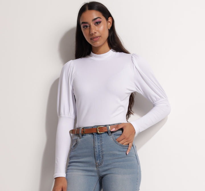 Ladies Long Sleeve Turtle Neck Top - White