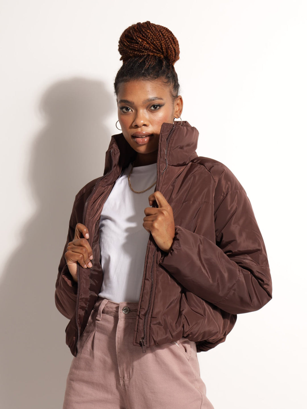 Ladies Hi-Neck Puffer Jacket - Brown