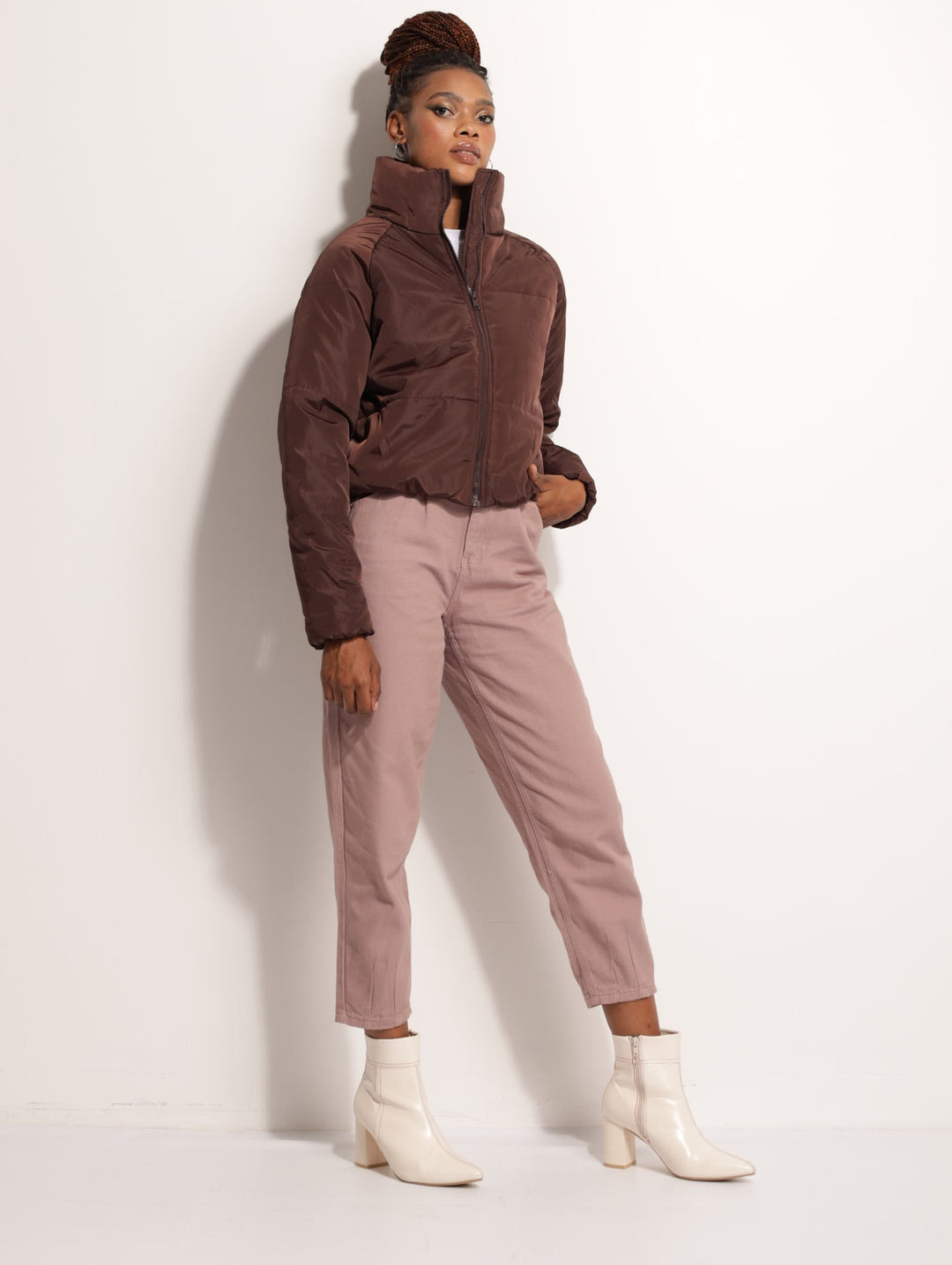 Ladies Hi-Neck Puffer Jacket - Brown