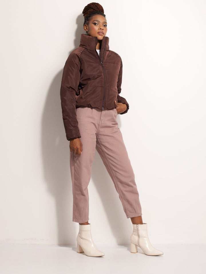 Ladies Hi-Neck Puffer Jacket - Brown