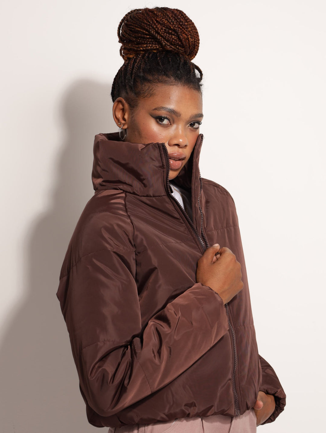 Ladies Hi-Neck Puffer Jacket - Brown