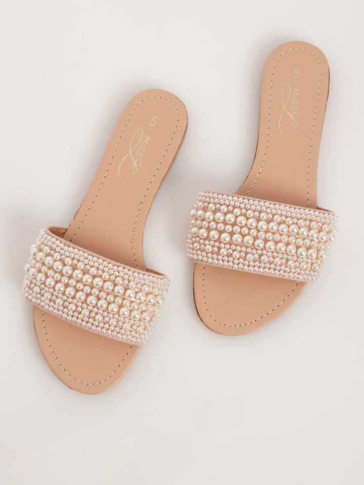 Ladies Embellished Pearl Mule Sandal - Natural