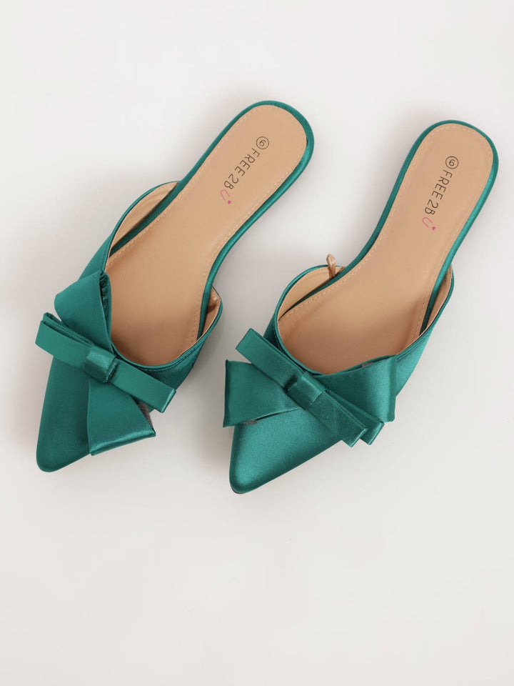 Ladies Sharp Push-In Pointy Flat Shoe With Oversize Bow - Emerald