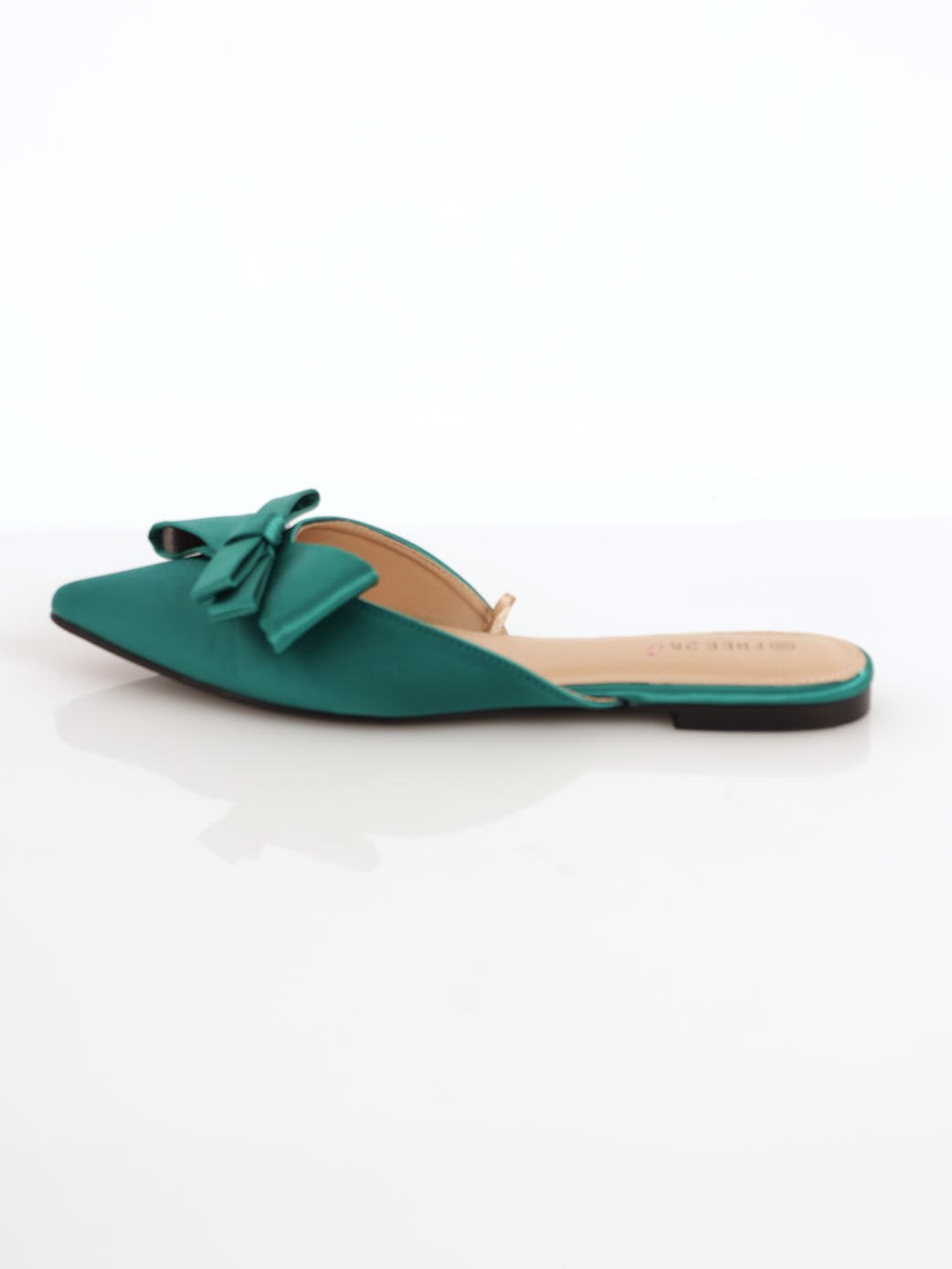 Ladies Sharp Push-In Pointy Flat Shoe With Oversize Bow - Emerald